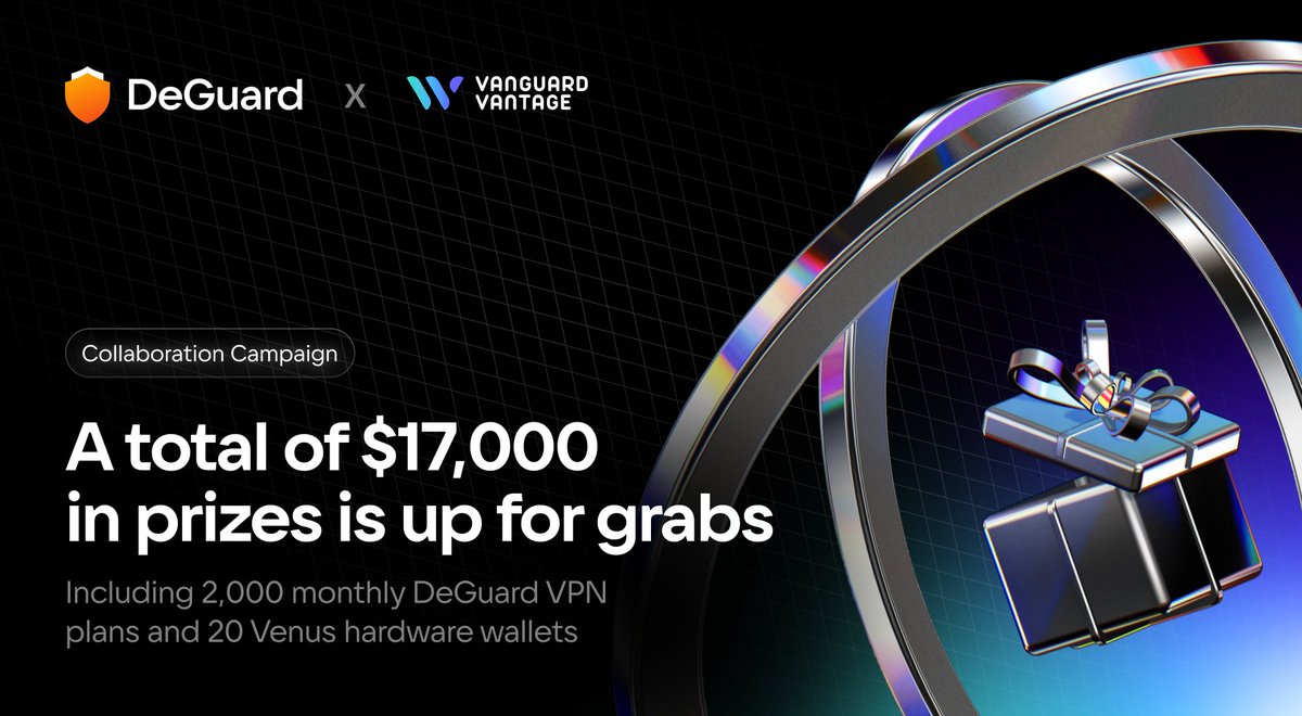 DeGuardVPN's tweet photo. We're proud to partner with @VanguardVantage! 🥳

Vanguard Vantage is a recognized delegate of the Venus community and the business arm of @VenusProtocol, the largest Multichain DeFi platform on @BNBChain.

To celebrate, we’re launching a 2-week Galxe raffle that runs until October 10th! 🎉

Join now: 👇
https://t.co/ALmqWzUAqi

A total of $17,000 worth of DeGuard VPN monthly plans and exclusive Venus hardware wallets will go to 2,020 participants who successfully complete the campaign tasks. 🎁🛍

Don’t miss your chance to win BIG and enjoy total anonymity and asset protection. 😉🛡

P:S
The Venus hardware wallets will go to 20 lucky winners, with redeem codes sent via DeBank Hi.