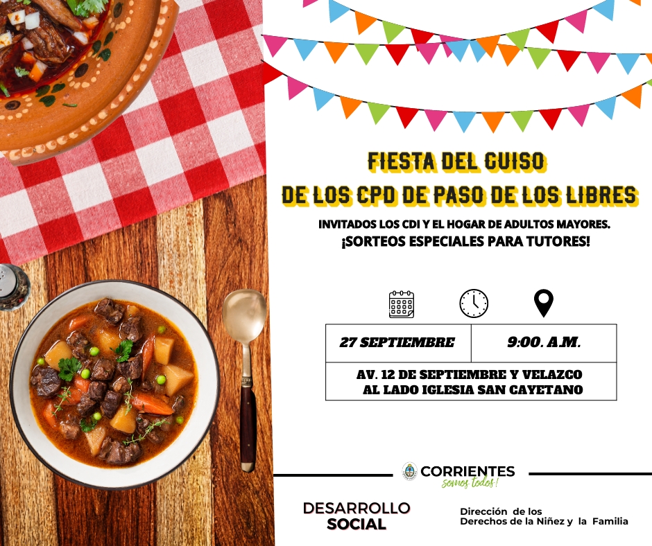 👨‍🍳🍲 ¡Gran FIESTA DEL GUISO en los C.P.D. de Paso de los Libres! ¡Un día lleno de sabor, diversión y comunidad! 🥰🙌👏 ¡No te lo pierdas, vení a compartir con nosotros.
<a href="/desarrolloctes/">Ministerio de Desarrollo Social</a> <a href="/adangayaok/">Adán Gaya</a> <a href="/gustavovaldesok/">Gustavo Valdés</a> #DireccionNiñezFamilia