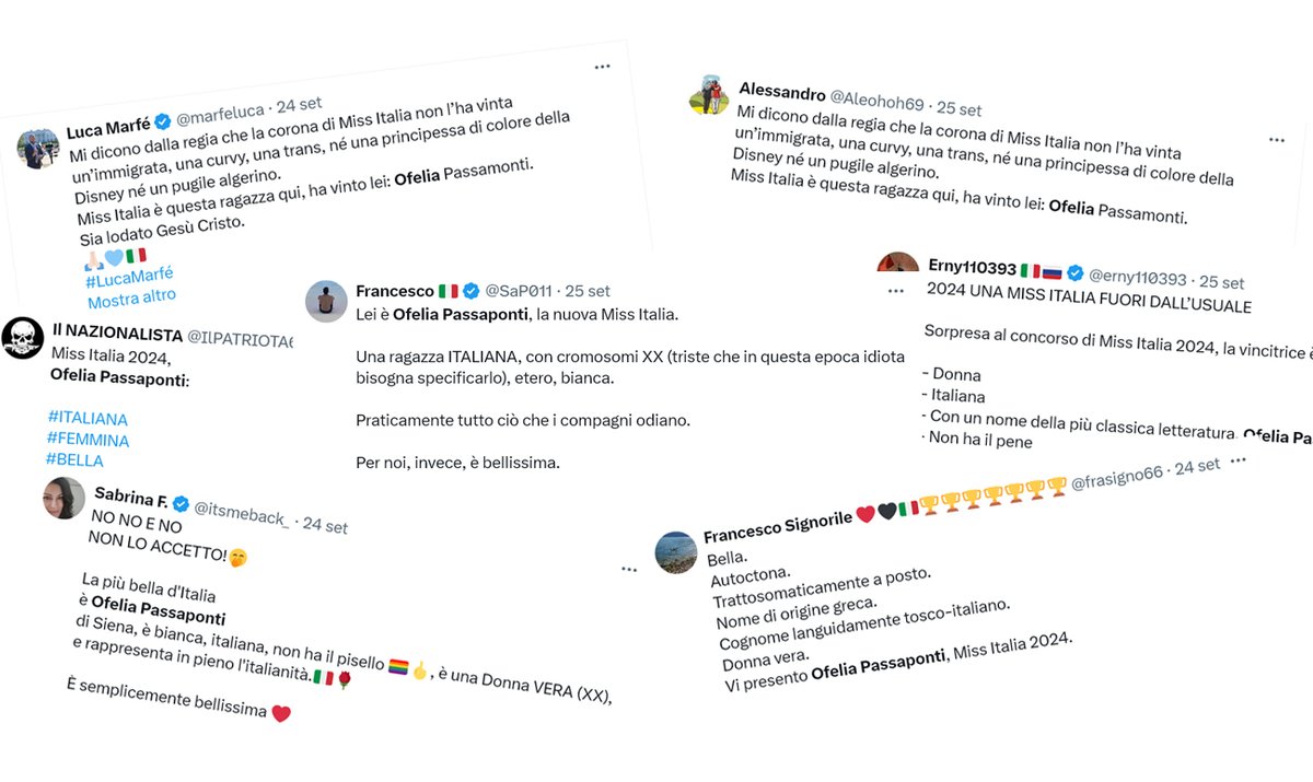 Della serie "man invents fictional scenario and then gets angry about  it":  

Ci sono account che esultano perché a Miss Italia (sì, esiste ancora) ha vinto una giovane donna italiana che "non ha il pisello", e questo non sarebbe proprio andato giù ai "compagni". 

Ooook.
