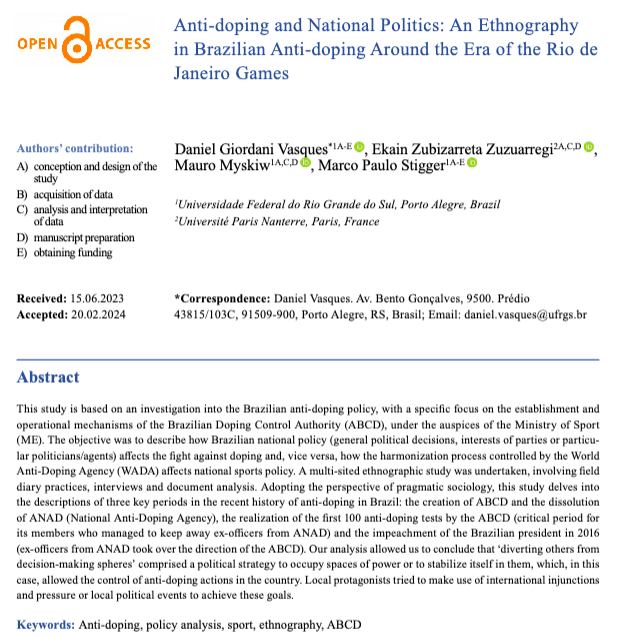 PCSSR1's tweet photo. 👉 The objective was to describe how Brazilian national policy affects the fight against doping and, vice versa, how the harmonization process controlled by the World Anti-Doping Agency (WADA) affects national sports policy.

💻 https://t.co/QYlr2HLLf6 https://t.co/OhUBLvqwLI