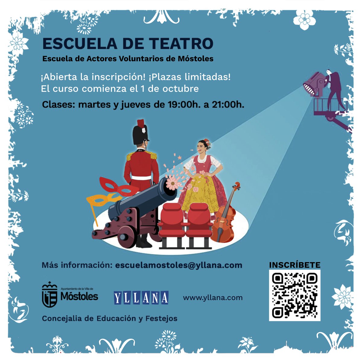 🎭 El Ayuntamiento de Móstoles, a través de la Concejalía de Educación y Festejos, bajo la dirección de la compañía <a href="/yllanaoficial/">Producciones Yllana - Oficial</a>, ponen en marcha el curso de la Escuela de Teatro de Actores Voluntarios de Móstoles.

ℹ️ tinyurl.com/escuelateatro