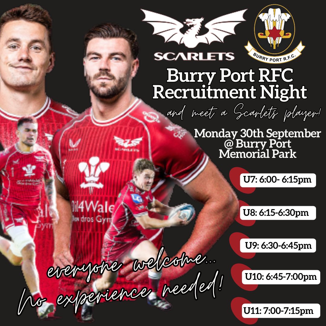 Burry Port Minis &amp; Juniors Rugby Recruitment Night!🏉
Come along for a chance to meet some of the Scarlets players, get involved in a training session, and see what Burry Port Rugby is all about! 🏉