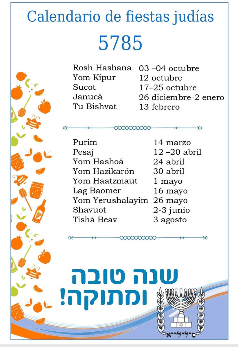 La próxima semana la comunidad judía celebra la llegada del nuevo año 5785. Rosh Hashana. Fiesta cargada de significado y reflexión.
Buen momento para compartir con todos vosotros el calendario de todas las fiestas del año. Gracias a la Comunidad judía de Melilla la aportación.