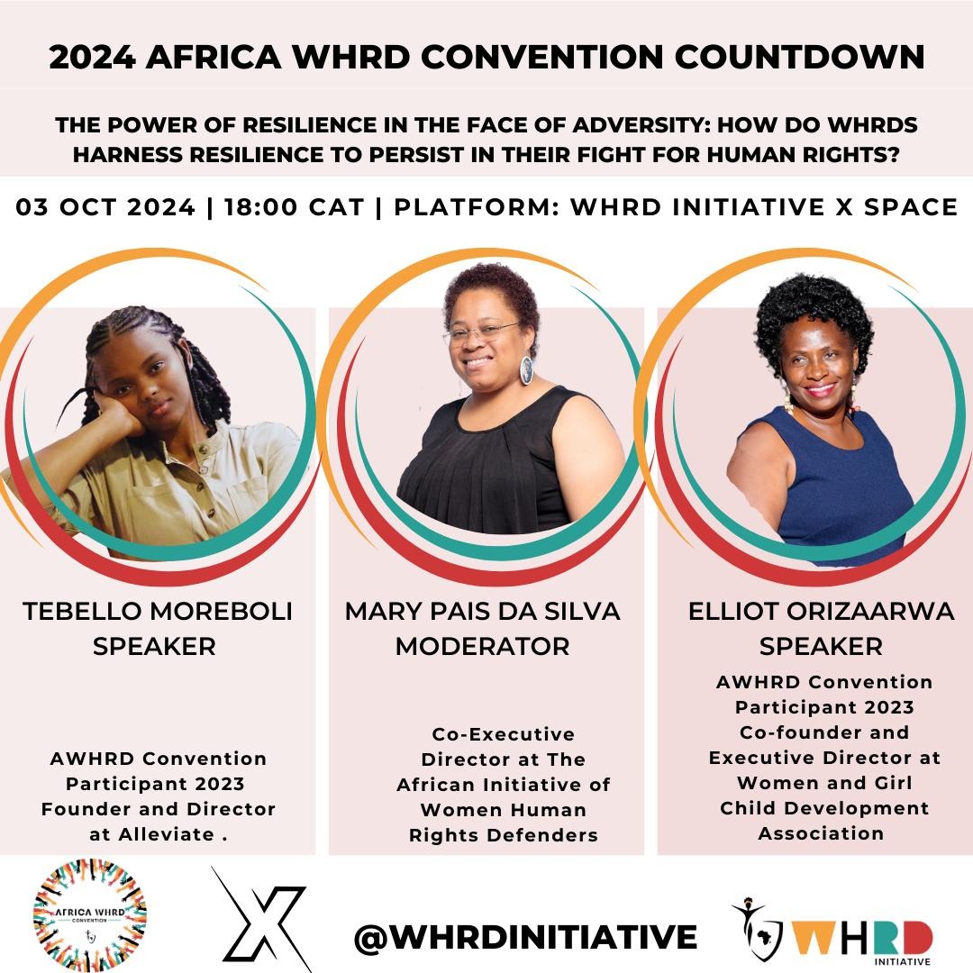 X Space Alert!

Join us for a powerful discussion on resilience and #HumanRights advocacy.

Date: October 3rd, 2024
Time: 18:00hrs CAT
Topic: The Power of Resilience in the Face of Adversity: How do #WHRDs harness resilience to persist in their fight for human rights?

As we