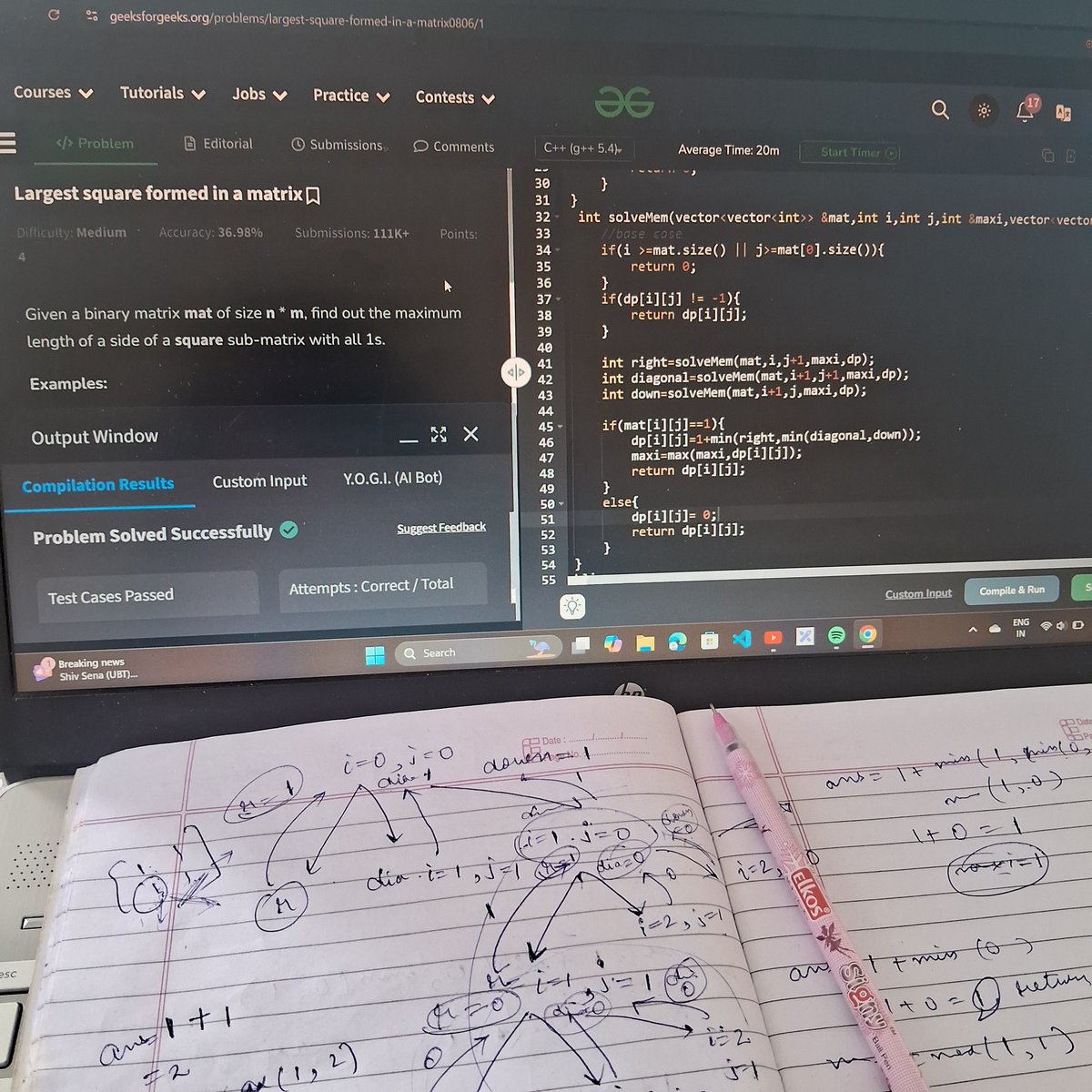 daman76752's tweet photo. #dsa #learninpublic 
25 Sep 2024

>>2d DP QUESTION<<
♧Largest square area in binary matrix ✨️Recursive sol ✔️
Rec+Memoization ✔️
Tabulation ✔️
Space Optimization ✔️

#focus #dedication #consistency #determination #coding #patience #growth #mindset #problemsolvingskill 💯🙏 https://t.co/z7J0Tu7i2n