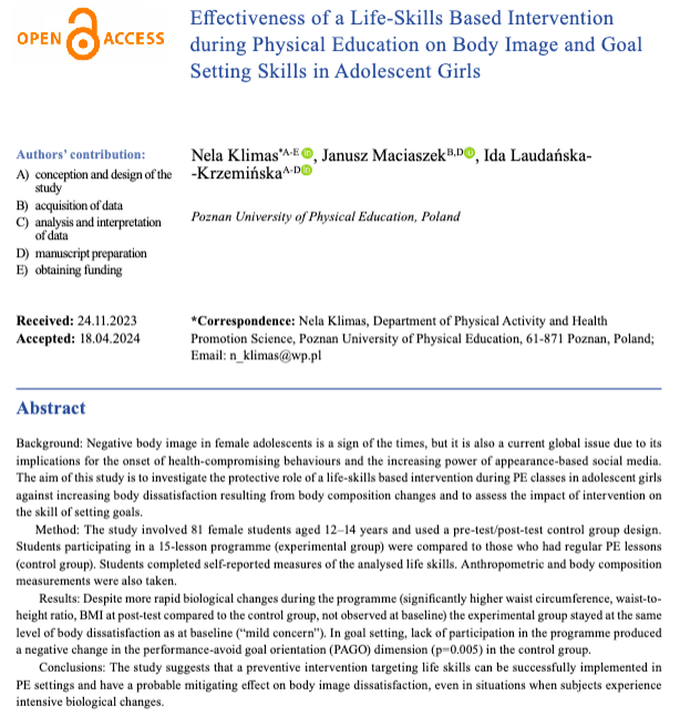 PCSSR1's tweet photo. 👉 The aim of this study is to investigate the protective role of a life-skills based intervention during PE classes in adolescent girls against increasing body dissatisfaction resulting from body composition changes [...].

💻 https://t.co/TpNhH8dRWq https://t.co/757oQNLL6M