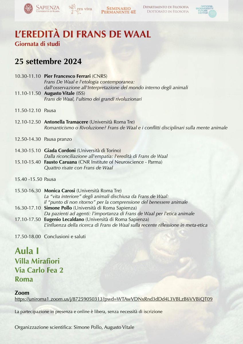 AntonellaTrama3's tweet image. Beautiful event yesterday at Sapienza on the legacy of Frans de Waal. We moved from his work to how to translate it into a greater responsibility towards other living species. It served to give scholars working in Italy a coordination and a direction on this matter.