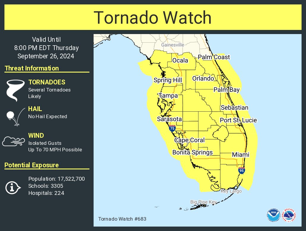 A tornado watch has been issued for parts of Florida until 8 PM EDT