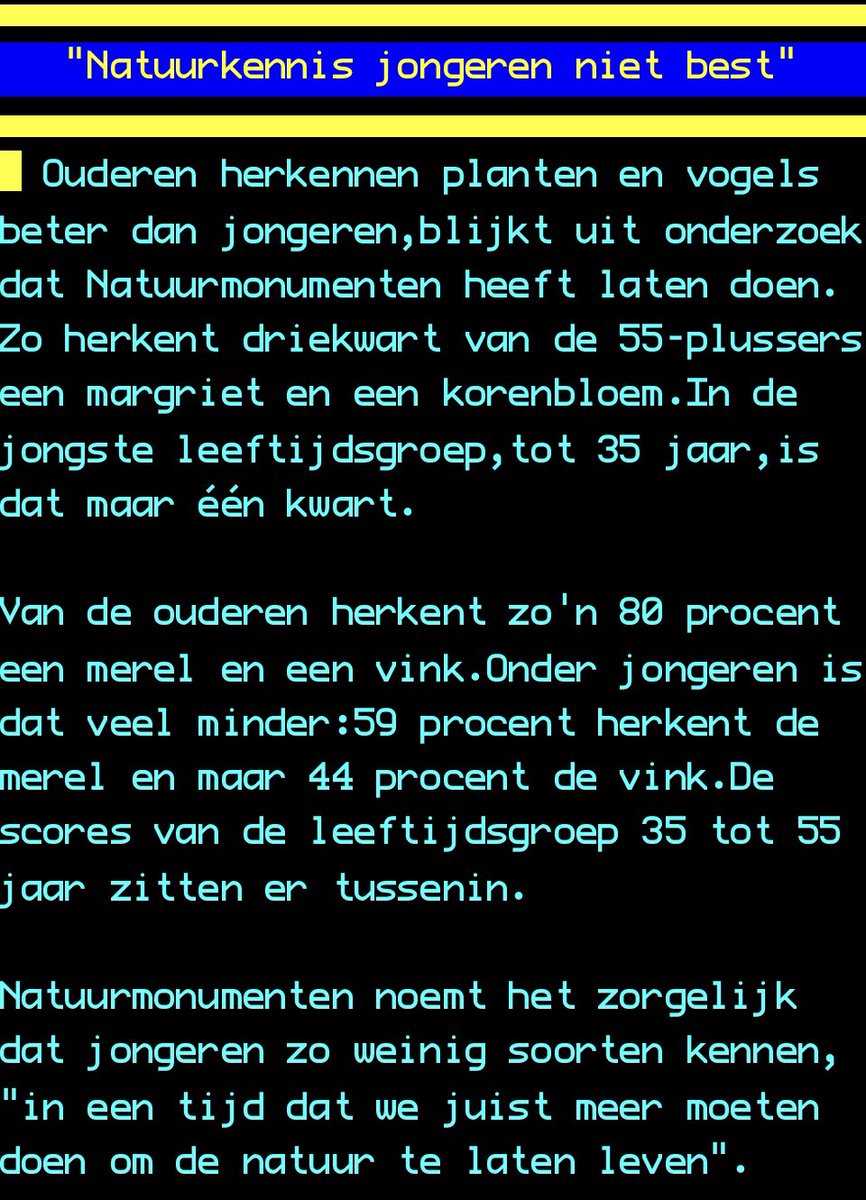 corienbs 🧶 🦅 (@corienbs) on Twitter photo Grote zorgen over inhoud basisonderwijs, weinig kennis van de natuur zegt @natuurmonumenten. En kreatieve ontwikkeling? Schilderen, koken, textiel, fotografie en sport enz. Teveel op een scherm: aanpassen inhoud basisonderwijs en #pabo ..nodig!
<a href="/Teletekst/">NOS Teletekst</a> <a href="/MinisterOCW/">Eppo Bruins</a> #onderwijs Grote zorgen over inhoud basisonderwijs, weinig kennis van de natuur zegt @natuurmonumenten. En kreatieve ontwikkeling? Schilderen, koken, textiel, fotografie en sport enz. Teveel op een scherm: aanpassen inhoud basisonderwijs en #pabo ..nodig!
<a href="/Teletekst/">NOS Teletekst</a> <a href="/MinisterOCW/">Eppo Bruins</a> #onderwijs