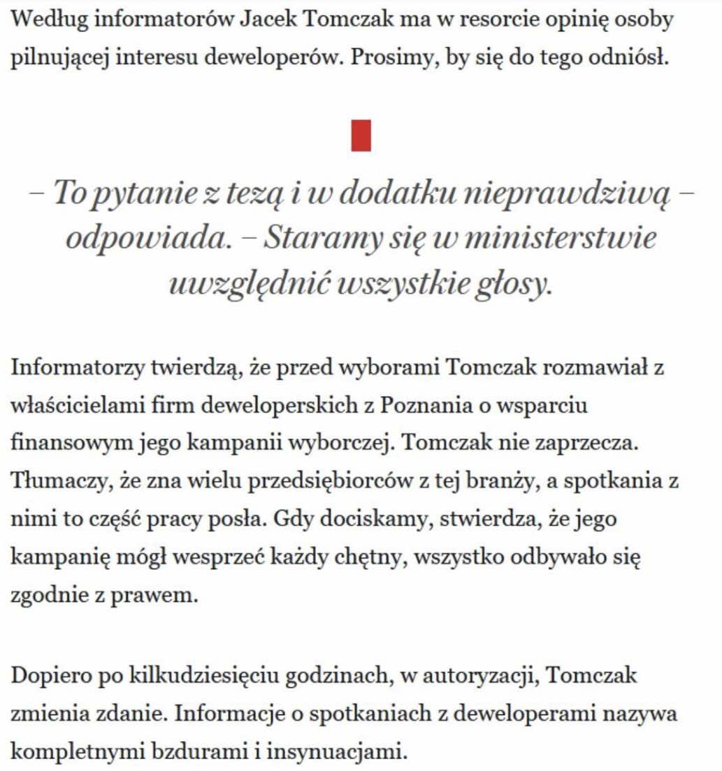 😡🔥 SKANDAL! 🔥😡
Minister Jacek Tomczak do natychmiastowej dymisji!

Zamiast tworzyć przejrzystą politykę mieszkaniową, to spotyka się z deweloperami aby prosić ich o pieniądze na kampanię wyborczą!💸

Zamiast zwiększać dostępność mieszkań troszczy się, żeby ceny przypadkiem
