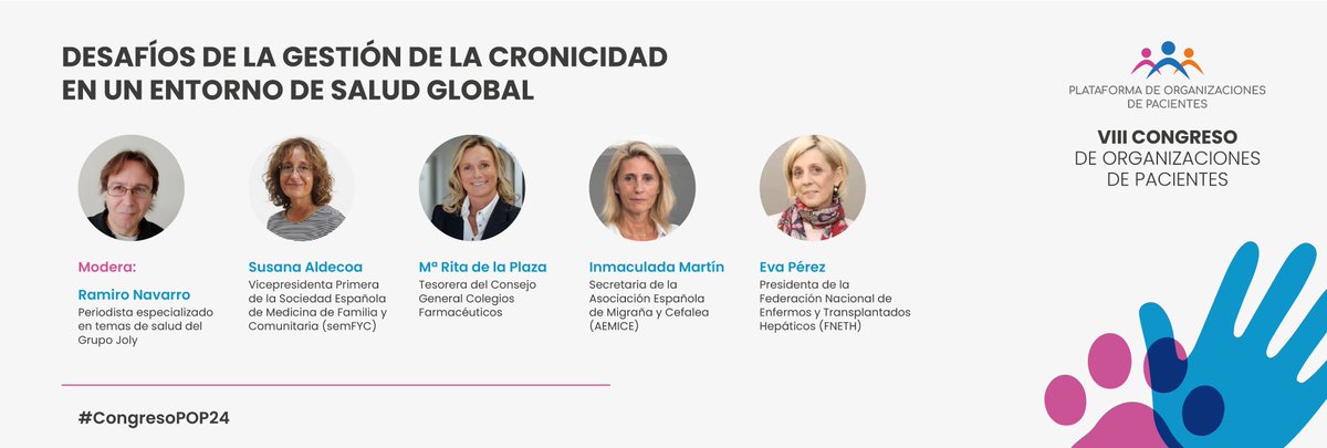 Plataforma de Organizaciones de Pacientes (@pacientespop) on Twitter photo 'Desafíos de la gestión de la cronicidad en un entorno de salud global'
•Susana Aldecoa, vicepresidenta 1ª <a href="/semfyc/">semFYC</a>
•Mª Rita de la Plaza, tesorera <a href="/Farmaceuticos_/">Consejo General Colegios Farmacéuticos</a>
•Inmaculada Martín, secretaria <a href="/AEMICE_/">AEMICE DolorDeCabeza</a>
•Eva Pérez, presidenta <a href="/fneth_org/">FNETH</a>
Modera: <a href="/soyrami/">Ramiro Navarro</a>
#CongresoPOP24 'Desafíos de la gestión de la cronicidad en un entorno de salud global'
•Susana Aldecoa, vicepresidenta 1ª <a href="/semfyc/">semFYC</a>
•Mª Rita de la Plaza, tesorera <a href="/Farmaceuticos_/">Consejo General Colegios Farmacéuticos</a>
•Inmaculada Martín, secretaria <a href="/AEMICE_/">AEMICE DolorDeCabeza</a>
•Eva Pérez, presidenta <a href="/fneth_org/">FNETH</a>
Modera: <a href="/soyrami/">Ramiro Navarro</a>
#CongresoPOP24