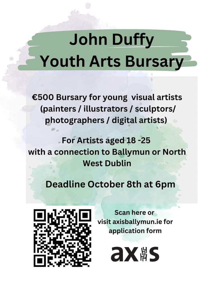 Calling all visual Artists aged 18 - 25 📢

Why not apply for <a href="/axisBallymun/">axis Ballymun</a> Youth Arts Bursary named in honour of John Duffy 🌟

Details below 👇axisballymun.ie/john-duffy-you…