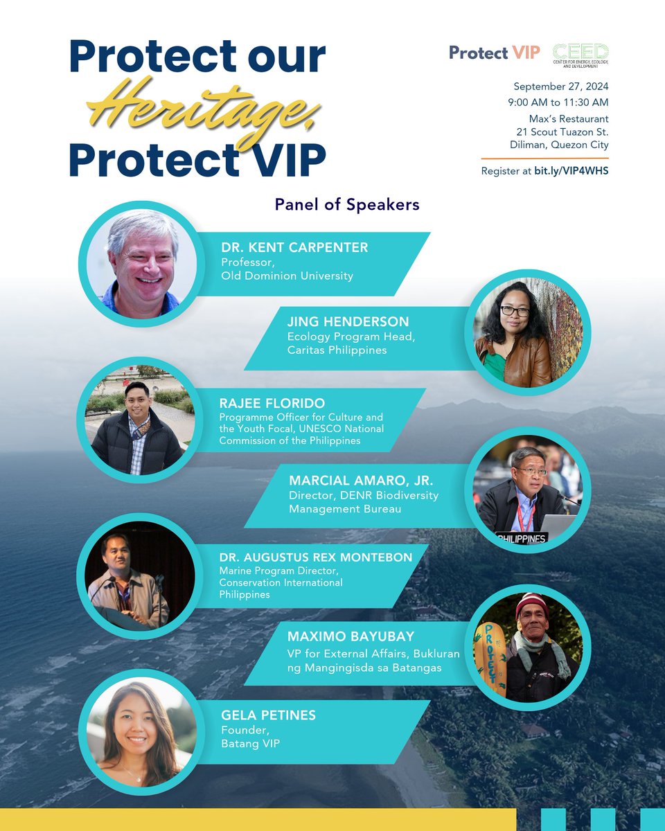 protectVIP_ph's tweet photo. Protect VIP and @CEEDphilippines are proud to announce the lineup of speakers for the “Protect Our Heritage, Protect VIP” campaign launch tomorrow! 

Register now at https://t.co/jrRcKBsEQF or watch online via Facebook live!

#VIP4WHS #ProtectOurHeritage #ProtectVIP https://t.co/UxjyFWfuGR