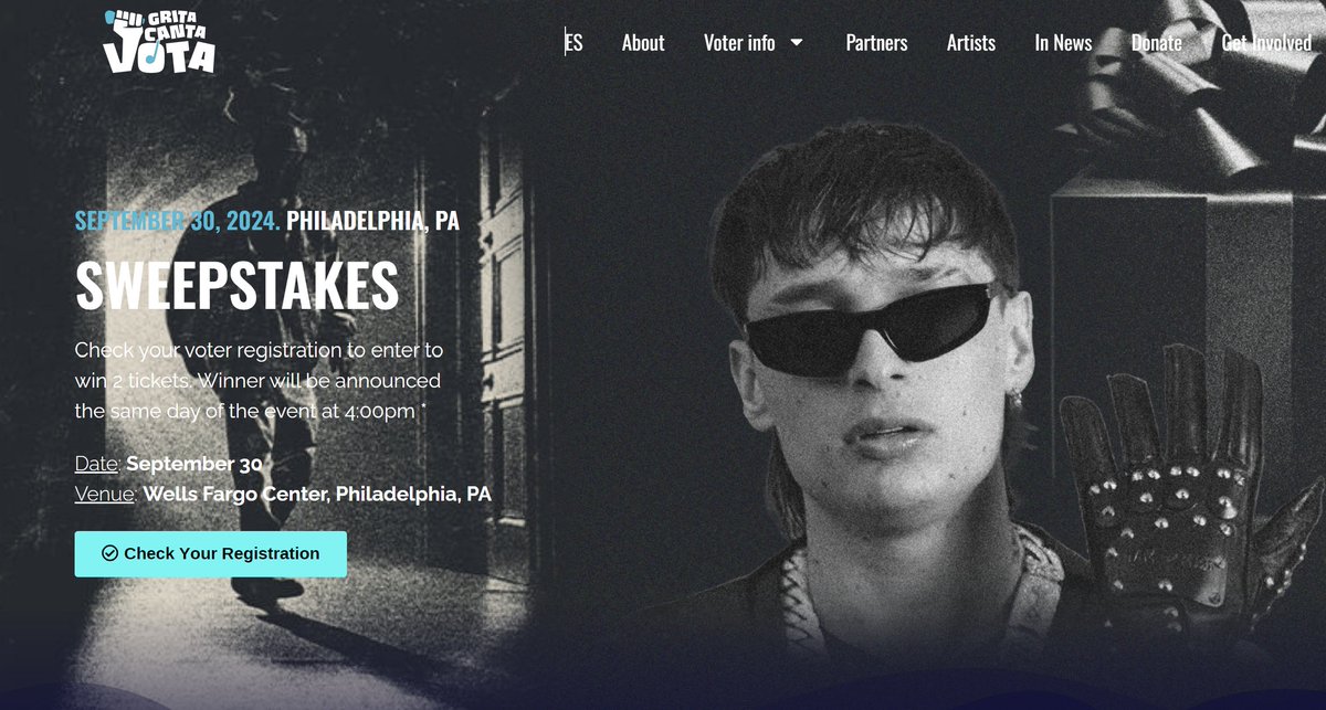 Win two Tickets to <a href="/pesopluma__/">🥷🏼🕷️</a> concert in Philly on 9/30! 

Check your voter registration to enter to win 2 tickets. 

Winner will be announced the same day of the event at 4:00pm *

Venue: Wells Fargo Center, Philadelphia, PA

gritacantavota.org/event/peso-plu…