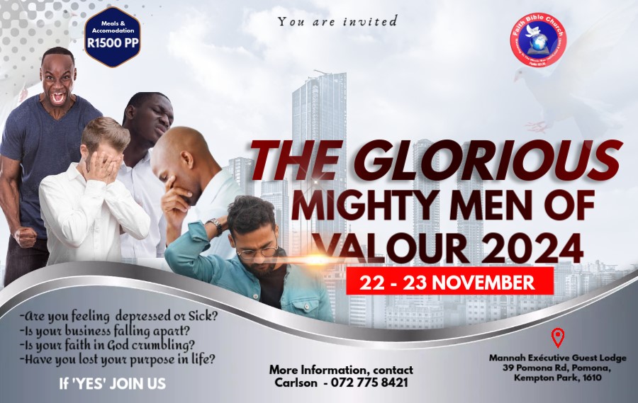 fbc_za's tweet photo. Please don't miss this epic, empowering
and transformative gathering of the glorious men of valor.
Feel free to share this post to invite others.
See poster for details...
#gmmov #mmov #gloriousmen #glory #GloryToGod #FaithBibleChurch #faithbiblechurchsa https://t.co/OIhcmKpdHn