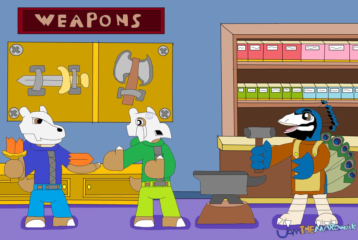 LiamTheMarowak's tweet photo. Jack is asking the Peacock blacksmith to repair Liam's broken fire sword. #marowak #pokemon #cubone #fanart #gamefreak #nintendoart #peacock #peafowl #blacksmith #weapon #pokesonaoc #broken #pokemonfanart #sword #firesword #anvil #hammer #fantasy #worker #fixing #nintendofanart https://t.co/uiC7hHypli
