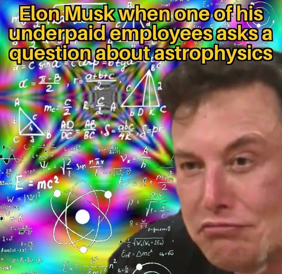 Horseshoe_Party's tweet photo. @BBCPolitics @lookeyhere4 Elon Elongated Enron Muskrat Musk in four memes. He's never designed even ONE component of anything to do with SpaceX, Tesla, the Boring Company etc.
He's got finance &amp; bullying management skills whilst he tries to play the West &amp; Putin off against each other while helping Trump. https://t.co/k2FcK4xdht