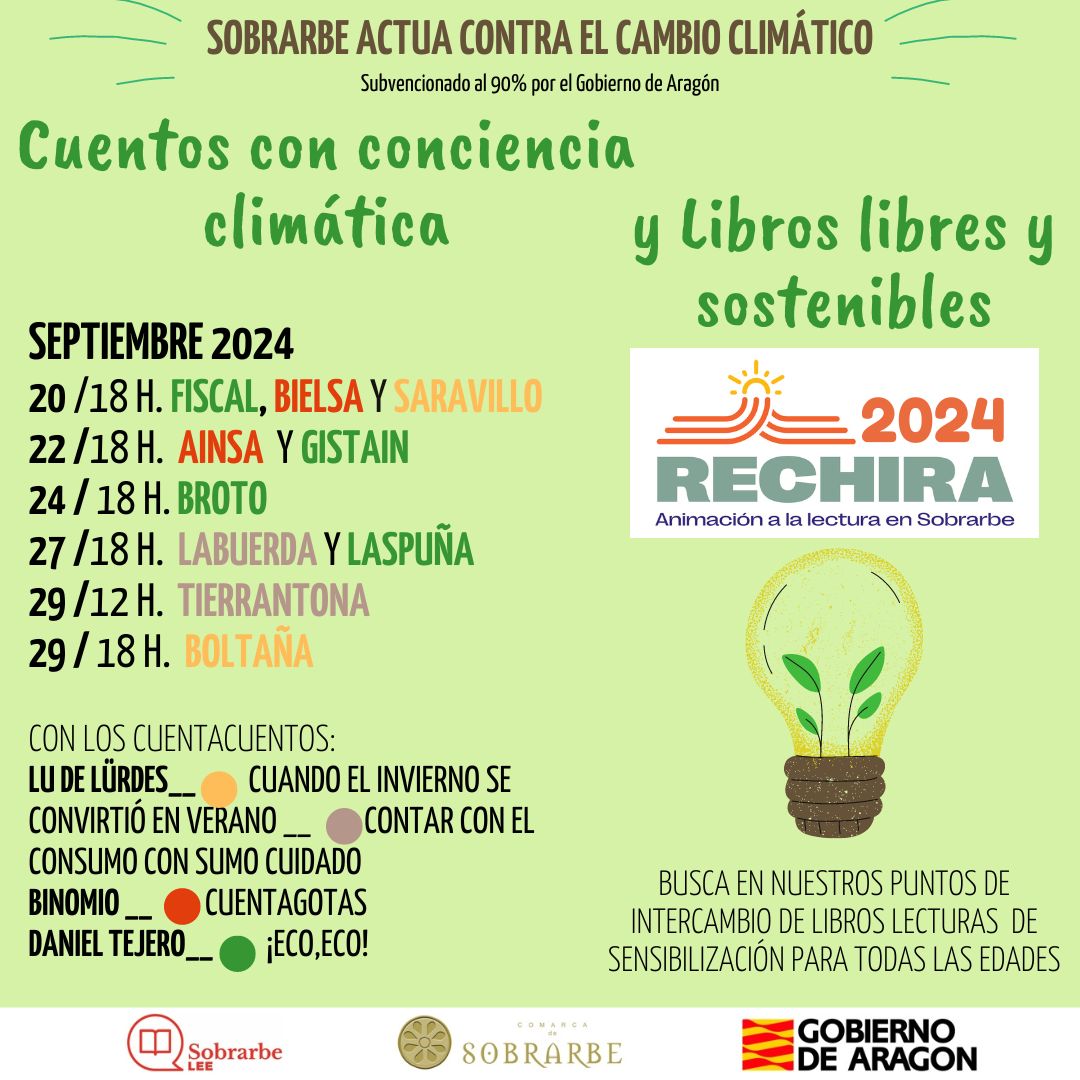 Cuentos con conciencia climática, del 20 al 29 de septiembre en 10 localidades de Sobrarbe.
Animación a lectura y a acción climática.
Próximos: #Labuerda, #Laspuña, #Tierrantona y #Boltaña.
Financiadas al 90% por #SubvenciónCCyEA de <a href="/CCyEAAragon/">Cambio Climático Aragón</a>
<a href="/calleindiscreta/">La Calle Indiscreta</a>
<a href="/GobAragon/">Gobierno de Aragón</a>