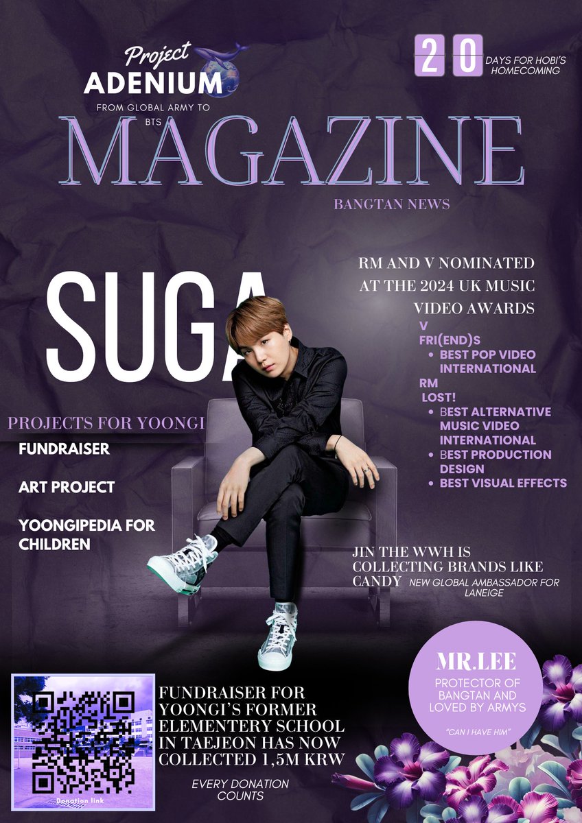 EdenOfBTSARMY's tweet photo. Introducing our magazine with Bangtan headlines!✨

🟣 J-Hope is set to come back from his military service in 20 days

🟪 RM & #V are nominated for the 2024 UK Music video awards, joining JK as the only Korean artists to be nominated for the awards. #RM becomes the most nominated Kpop soloist at the UK Music Video Awards in History!

💜 #JinxLaneige Jin becomes the global brand ambassador for Laneige

🔵 #ProjectAdenium collected 1.5M ₩ out of 7M ₩ through the fundraiser to support children at Taejeon, Yoongi's elementary school in Daegu. 

Fundraiser 
Art Project 
Yoongipedia 

🔗Link for donation: https://t.co/1QsYZiYbZB

#ProjectAdenium
“our desert rose in this utopic garden”

@BTS_twt