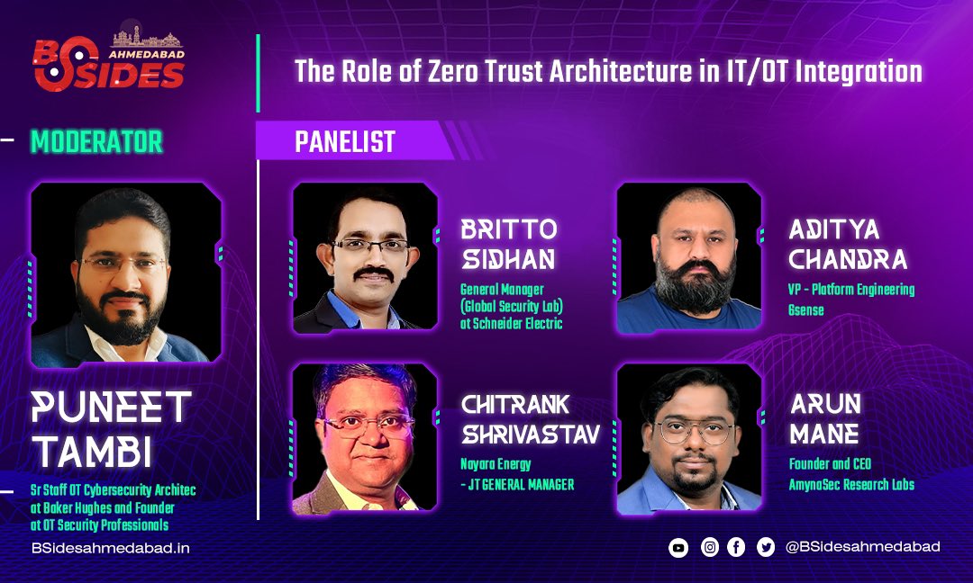 🌟 Unlock the Future of IT/OT Integration at BSides Ahmedabad 2024! 🌟

👾 Topic: 👾
The Role of Zero Trust Architecture in IT/OT Integration

🎙 Moderator: 🎙
Puneet Tambi

🗣 Panel: 🗣
Featuring Britto Sidhan, Aditya Chandra, Chitrank Shrivastav, and Arun Mane

🔍 Join us as we