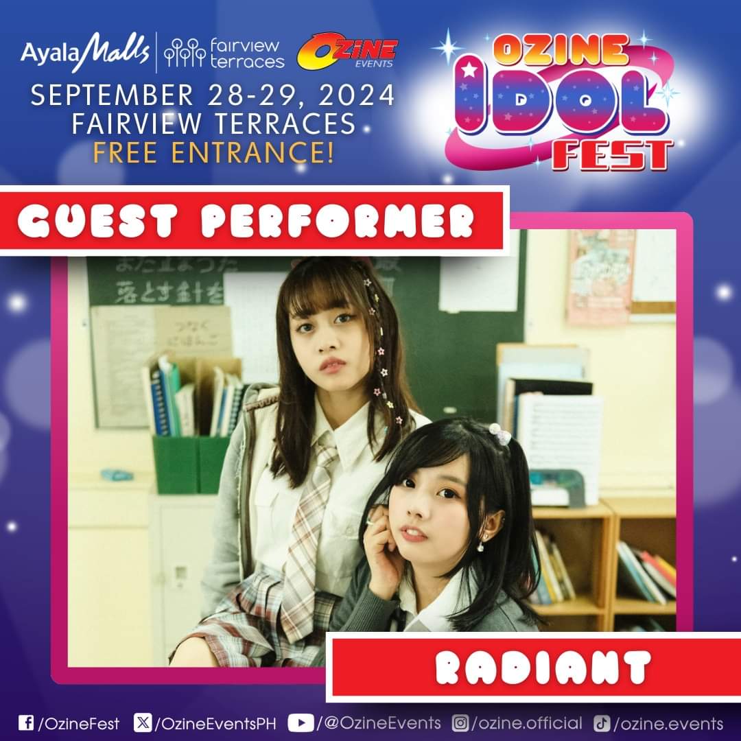 ✨ Introducing Radiant – an independent idol group that was formed on April 21, 2022, they promise to shine the brightest while performing on stage and to give radiance to all of their fans. 

📅 September 28-29, 2024
📍 Fairview Terraces
🎟️ Free Entrance!