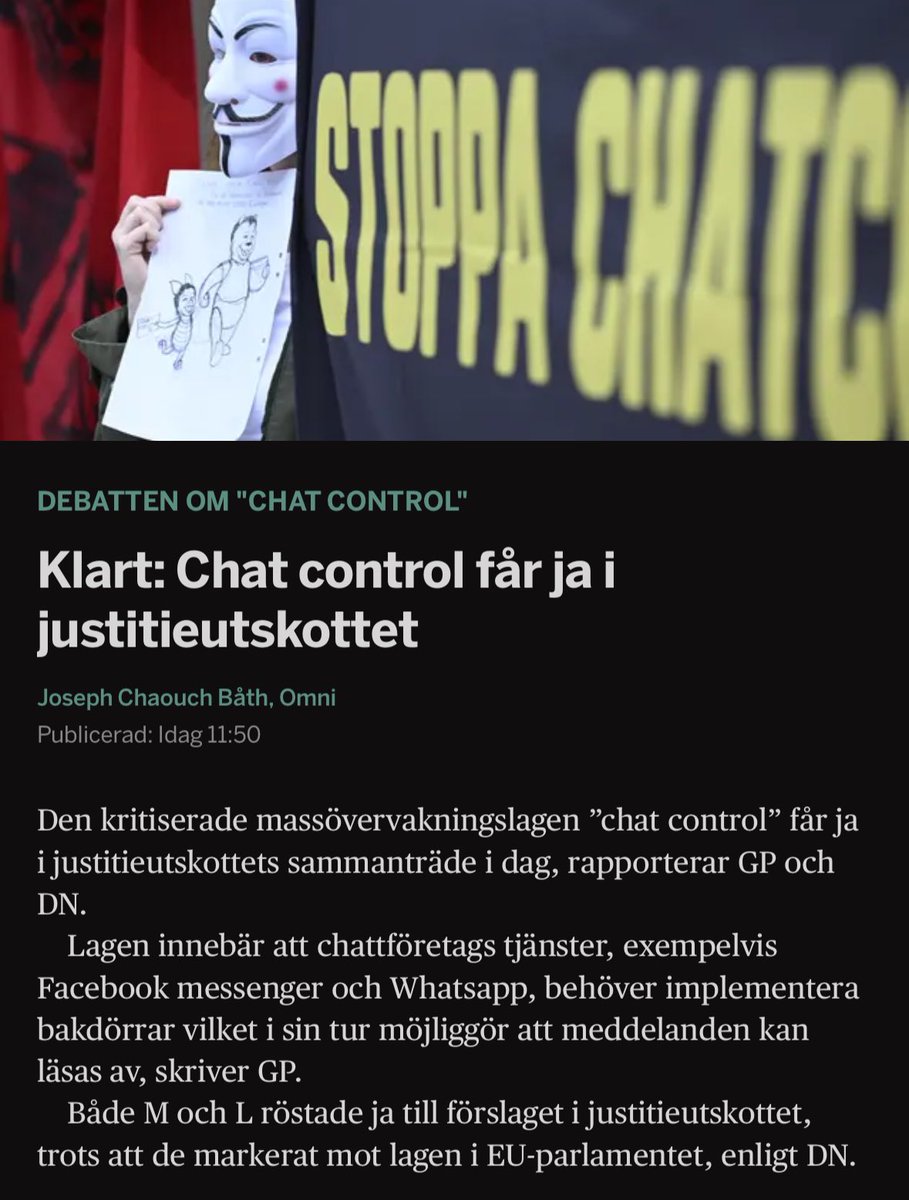 DanielSonesson's tweet image. Det finns inte ord starka nog för att uttrycka magnituden av det svek Moderaterna och Liberalerna står för vad gäller integritet, individens och internets frihet samt säker och trygg kommunikation.

Idag röstar M och L JA till det starkt kritiserade förslaget vid öknamn Chat…