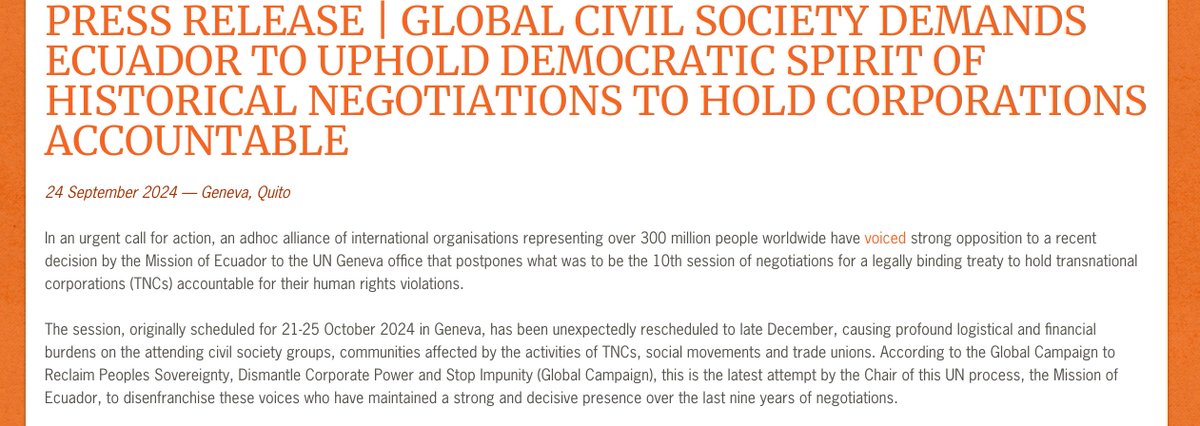 ⚡️PRESS RELEASE Global civil society unites to demand <a href="/UN/">United Nations</a> not delay historical negotiations to dismantle corporate power

We're 300 million strong, standing against corporate power and its elusive allies. 

We refuse to accept <a href="/ONUGinebraEC/">ONUGinebraEC</a>'s decision👇
stopcorporateimpunity.org/press-release-…