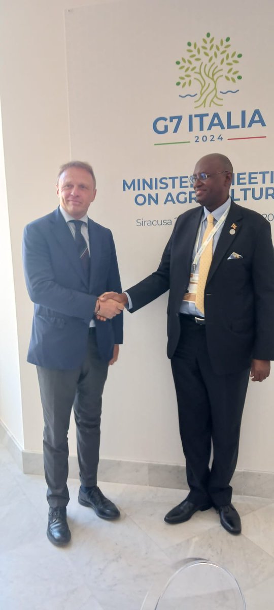 Hon. Rwamirama Bright at the Bilateral Meeting with Hon. Minister of Agriculture <a href="/FrancescoLollo1/">Francesco Lollobrigida 🇮🇹</a>   from Italy on the margins of the <a href="/G7/">G7</a>  Ministers Meeting in Sicily, Italy

#G7Italy