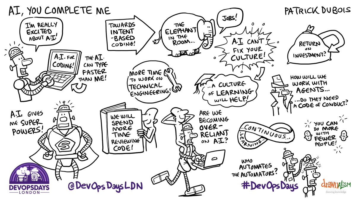 DevOpsDays London (@devopsdaysldn) on Twitter photo Our first talk today was AI, You complete Me by <a href="/patrickdebois/">Patrick Debois</a>. Here's a draft of the sketchnote for it. Our first talk today was AI, You complete Me by <a href="/patrickdebois/">Patrick Debois</a>. Here's a draft of the sketchnote for it.
