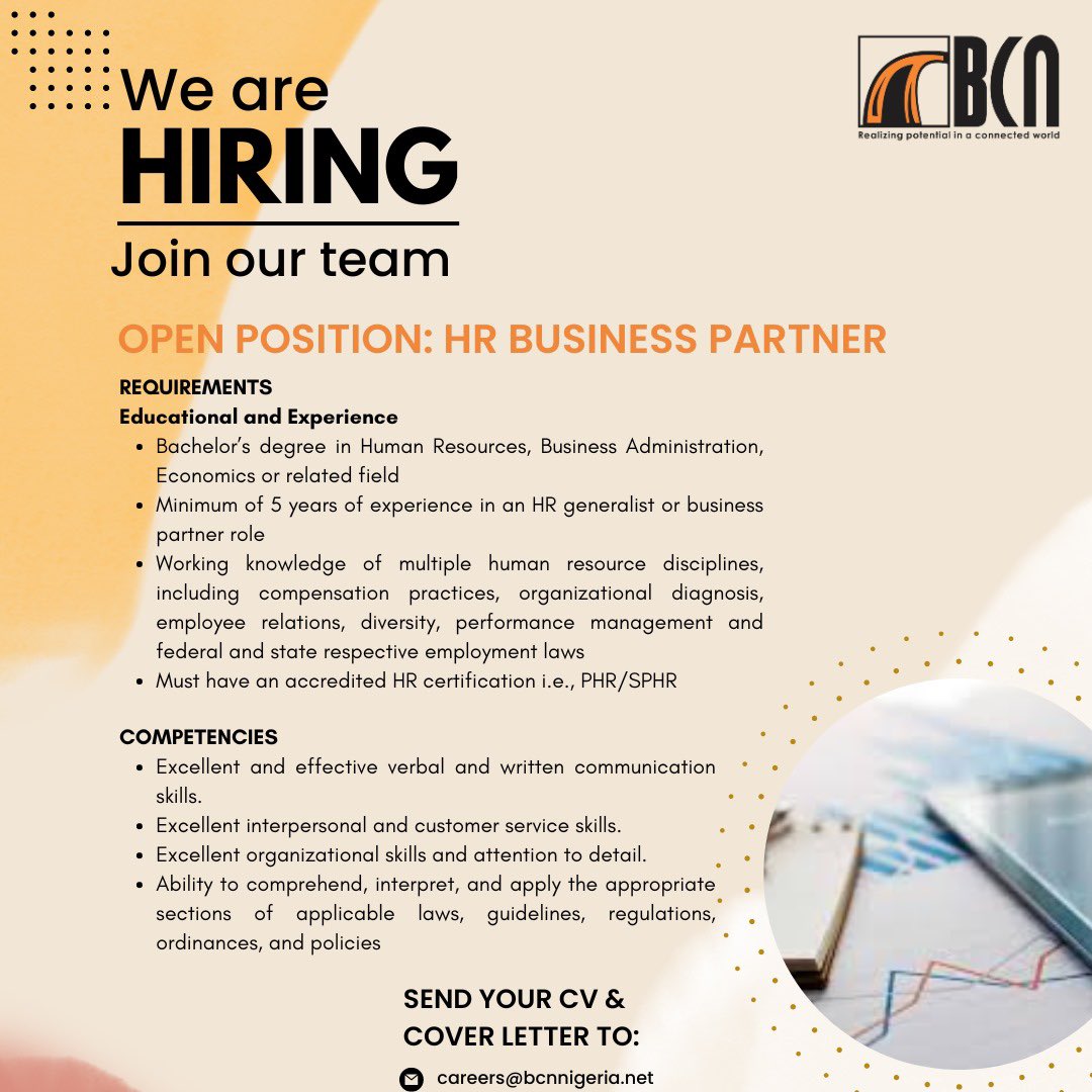 BCN is hiring for the following roles:

- HR Business Partner
- Finance Officer

Send your CV and cover letter to careers@bcnnigeria.net.

#Hiring #JobOpening #CareerOpportunity #HRJobs #FinanceJobs #NigeriaJobs #BCNNigeria #FinanceOfficer #AbujaJobs
