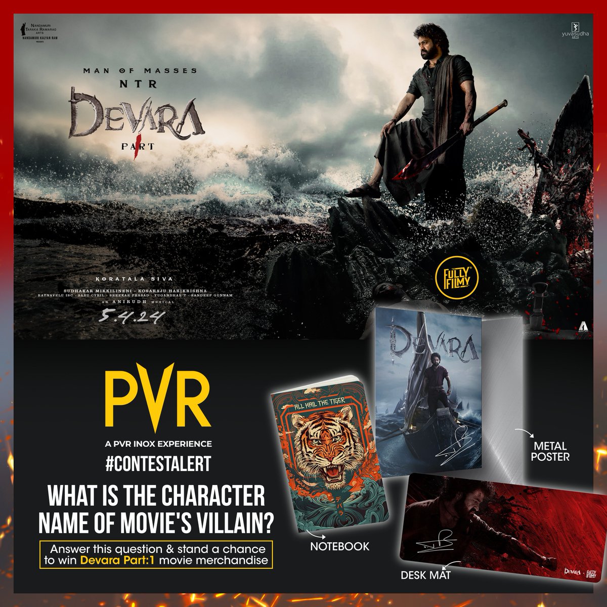 _PVRCinemas's tweet photo. The Devara excitement just reached a whole new level! โ๏ธ๐ฅ Answer a simple question and stand a chance to win exclusive merchandise! ๐โจ
Steps to Enter:
1. Drop your answer in the comments
2. Tag PVR CINEMAS and your family/friends
3. Use #DevaraAtPVR contest and follow us
Releasing at PVR INOX on 27 September
Book now: https://t.co/aktyEjTQ8O
Winners will be announced on our Instagram page!
.
.
.
#Devara #NTRJr #SaifAliKhan #JanhviKapoor #KoratalaSiva #PrakashRaj #MerchandiseContest #ContestAlert