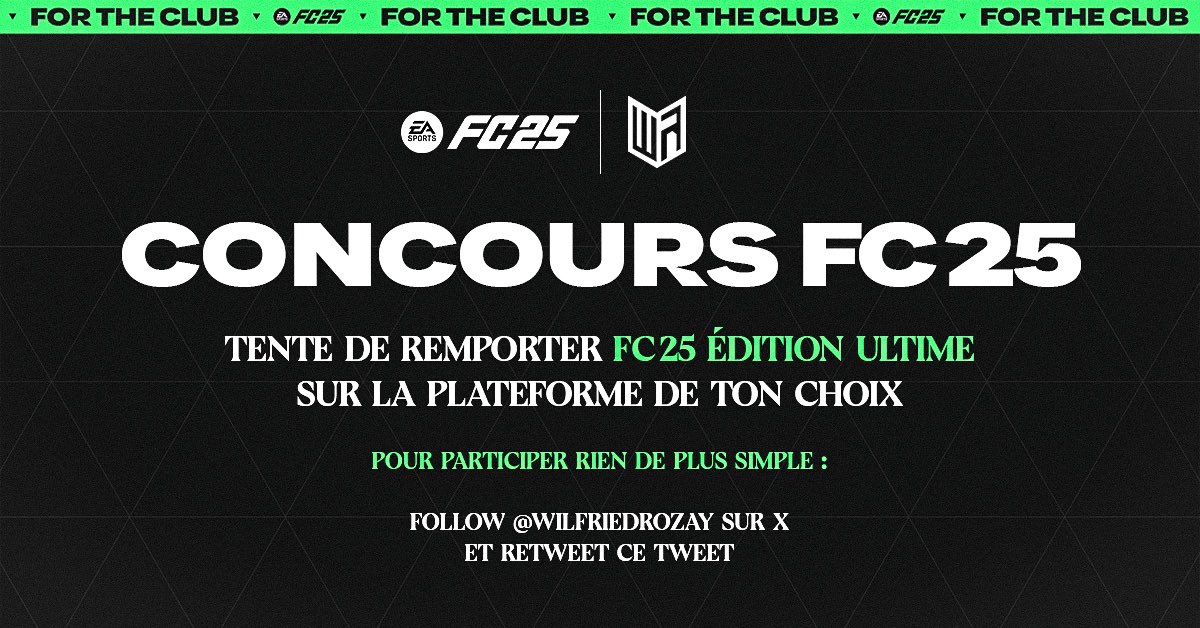 W I L F R I E D ▪️ (@wilfriedrozay) on Twitter photo 🚨 CONCOURS EXPRESS #FC25 🚨
Tente de remporter un 𝗘𝗔 𝗦𝗽𝗼𝗿𝘁𝘀 𝗙𝗖 𝟮𝟱 𝐄𝐃𝐈𝐓𝐈𝐎𝐍 𝐔𝐋𝐓𝐈𝐌𝐄 sur la console de ton choix (PS, Xbox, PC) 😍
Pour participer :
➡️ Follow <a href="/WilfriedRozay/">W I L F R I E D ▪️</a>
➡️ #RT ce tweet
⚠️ TAS le 29/09
🍀 Bonne chance à tous ! 🚨 CONCOURS EXPRESS #FC25 🚨
Tente de remporter un 𝗘𝗔 𝗦𝗽𝗼𝗿𝘁𝘀 𝗙𝗖 𝟮𝟱 𝐄𝐃𝐈𝐓𝐈𝐎𝐍 𝐔𝐋𝐓𝐈𝐌𝐄 sur la console de ton choix (PS, Xbox, PC) 😍
Pour participer :
➡️ Follow <a href="/WilfriedRozay/">W I L F R I E D ▪️</a>
➡️ #RT ce tweet
⚠️ TAS le 29/09
🍀 Bonne chance à tous !