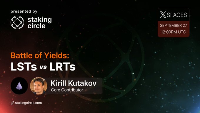 Promotional image for a Staking Circle X Space event titled 'Battle of Yields: LSTs vs LRTs,' featuring Kirill Kutakov, Core Contributor at StakeWise. The event is scheduled for September 27 at 12:00 PM UTC. The image has a dark background with glowing particles and displays the Staking Circle logo, along with the event link stakingcircle.com.