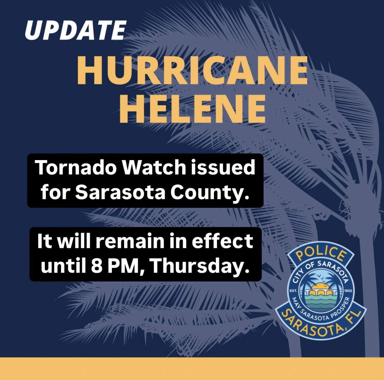 Sarasota Police Department on X: &ldquo;A tornado watch is in effect for 