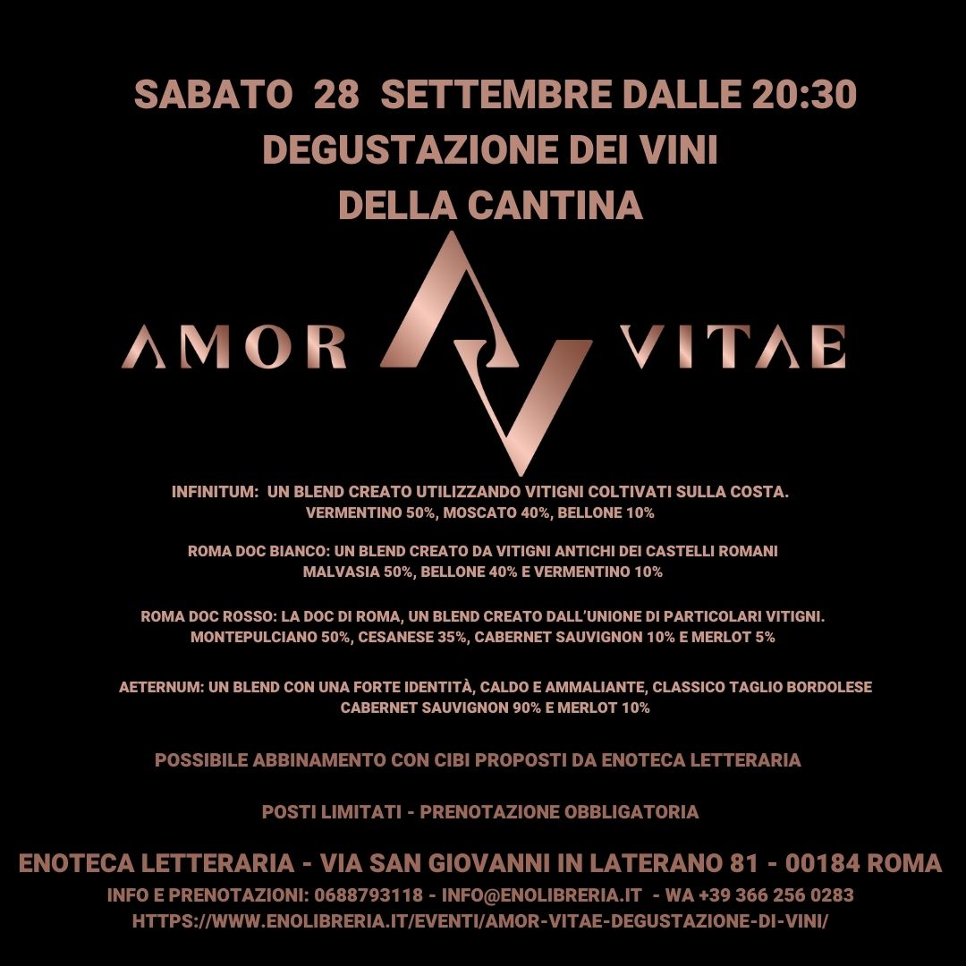 Enoteca Letteraria (@enolibri) on Twitter photo VENERDI E SABATO: Filosofia e degustazione di vini - mailchi.mp/c361fc545fe6/f…
Prenota ora il tuo posto:
0688793118
3662560283 (Whatsapp)
info@enolibreria.it
enolibreria.it/eventi/spazi-d… (VENERDI)
enolibreria.it/eventi/amor-vi… (SABATO) VENERDI E SABATO: Filosofia e degustazione di vini - mailchi.mp/c361fc545fe6/f…
Prenota ora il tuo posto:
0688793118
3662560283 (Whatsapp)
info@enolibreria.it
enolibreria.it/eventi/spazi-d… (VENERDI)
enolibreria.it/eventi/amor-vi… (SABATO)