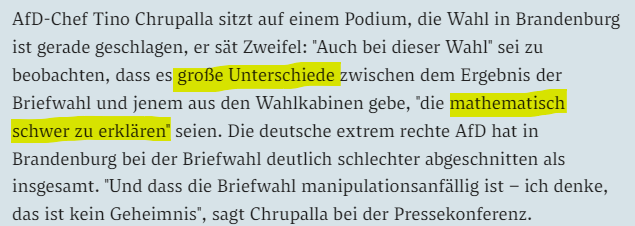 Wenn Rechtsextreme mit Mathematik argumentieren: Natürlich kann man nicht mathematisch erklären, dass sich Briefwahl- und Wahlkabinen-Ergebnisse unterscheiden. Dafür braucht man Demographie und Soziologie. Dass Städte anders wählen als das Land, liegt auch nicht an Mathematik.
