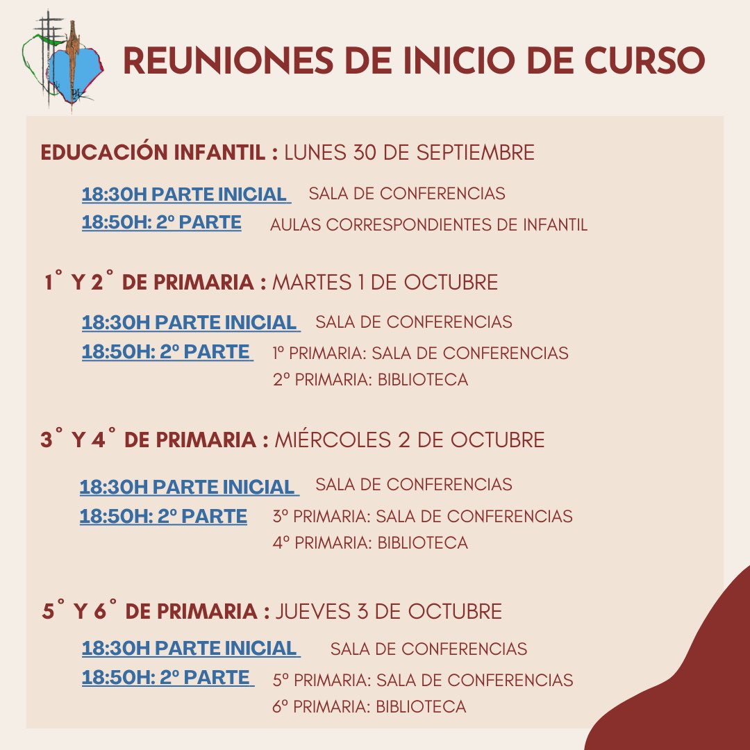 🗣️ ¡Familias de Primaria e Infantil! Os recordamos las fechas de las reuniones de inicio de curso. ¡Os esperamos!  #educarparalavida #nuestrocolesscclapaz