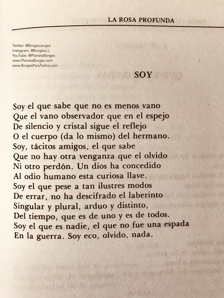 BorgesJorgeL's tweet photo. Soy, tácitos amigos, el que sabe
Que no hay otra venganza que el olvido
Ni otro perdón. Un dios ha concedido
Al odio humano esta curiosa llave. https://t.co/8ZgdTk5W42