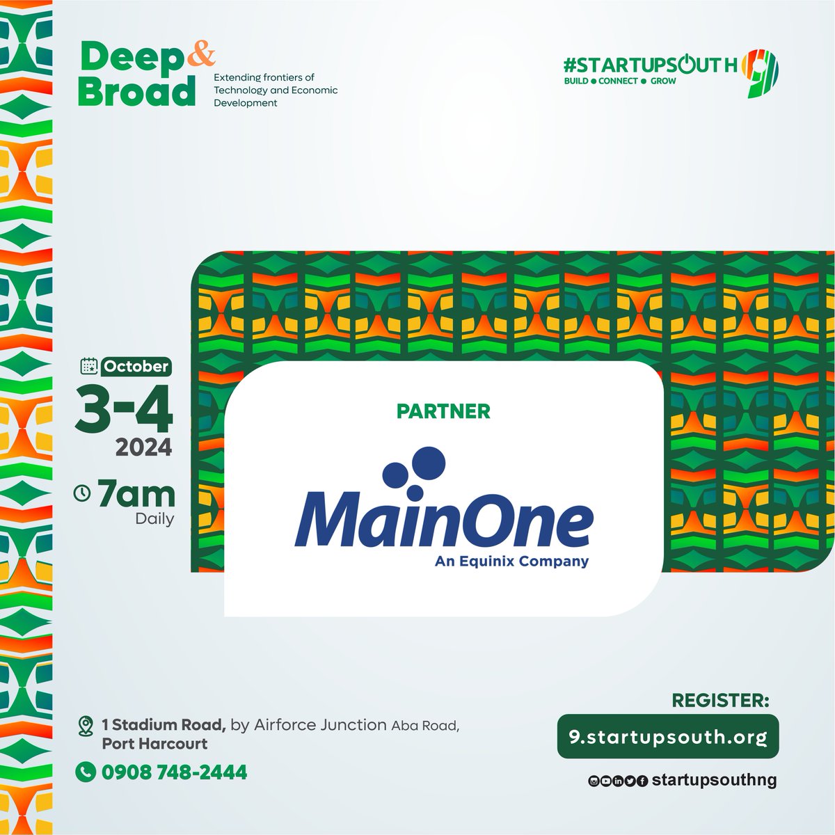 Mainoneservice's tweet photo. We are thrilled to announce that MainOne is an official sponsor of #StartupSouth9!
The conference focuses on discussions around extending the frontiers of technology and economic development in the region.
Join us to explore the future of tech in South-South Nigeria
#MainOne https://t.co/pIUxme7gjU