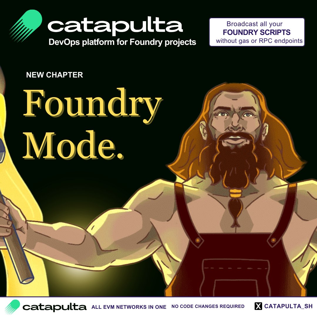 kartojal's tweet photo. Catapulta enters 𝐅𝐨𝐮𝐧𝐝𝐫𝐲 𝐦𝐨𝐝𝐞 🔥 

No other Web3 ecosystem have better DevX and safety than the EVM, thanks to Foundry.

𝗪𝗵𝗮𝘁 𝗳𝗲𝗮𝘁𝘂𝗿𝗲𝘀 𝗰𝗮𝗻 𝗯𝗲 𝗯𝘂𝗶𝗹𝘁 𝗼𝗻 𝘁𝗼𝗽 𝗼𝗳 𝗙𝗼𝘂𝗻𝗱𝗿𝘆 𝘁𝗼 𝗺𝗮𝗸𝗲 𝗶𝘁 𝗲𝘃𝗲𝗻 better?

Catapulta allows you to go from localhost to Web3 in matter of seconds, thanks to our zero config tooling for Foundry.

What could be possible to do with Catapulta?

• Easier onboarding for Web2 devs into Foundry via zero config opiniated setups and built-in RPC gateway

• Run Foundry in the browser, allowing to launch smart contracts with a few clicks, via hosted Foundry instances.

• Gas Abstraction for Developers, allow teams to pay with stablecoins/fiat and Catapulta will fund the deployer accounts with the needed native currency. Forget about faucets in testnets.

• Observability and tracking of all interactions (deployments, setups, on-chain actions and procedures)

• Vulnerability scanner to enhance security and find common pitfalls like Reentrancy Attacks and check codebases against CVE vulnerability registries.

• Automatic Indexing and analytics of your smart contracts, events and shadow logs, which can be consumed with SQL queries.

All of this could be done with a zero learning curve, if you know how to work with Foundry, you can also know how to work with Catapulta.

Why focus on Foundry instead of creating a new framework?

𝗙𝗼𝘂𝗻𝗱𝗿𝘆 𝗶𝘀 𝘄𝗵𝗮𝘁 𝗺𝗮𝗸𝗲𝘀 𝘄𝗼𝗿𝗸𝗶𝗻𝗴 𝗶𝗻 𝗘𝗩𝗠 𝒔𝒖𝒄𝒉 𝒂 𝒃𝒓𝒆𝒆𝒛𝒆.

- A compiler that allows fast iterations for large scale projects, like Aave codebases

- Testing tooling with advanced stuff like fuzzing or differential testing

- Native Solidity scripting and 𝐟𝐨𝐫𝐠𝐞 𝐜𝐚𝐬𝐭

Let's make the developer experience for Web3 much better!

But most important, keep all of this while Developers remains full in control of their deployer account keys, like EOAs and  supporting other safer accounts like Ledger or Amazon KMS.

_

Zero code changes. Zero lock-in for developers.

Let's enter Foundry mode.