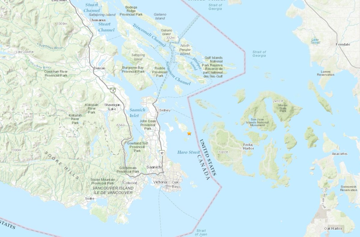 So the #earthquake was right off the coast of Sidney / Victoria BC area, not far from San Juan Island in WA.  Now listed as a 4.1 but still felt much larger than that. #yyj  earthquake.usgs.gov/earthquakes/ev…
