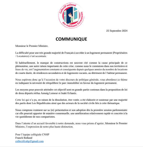 Notre courrier au Premier Ministre concernant l'habitat permanent