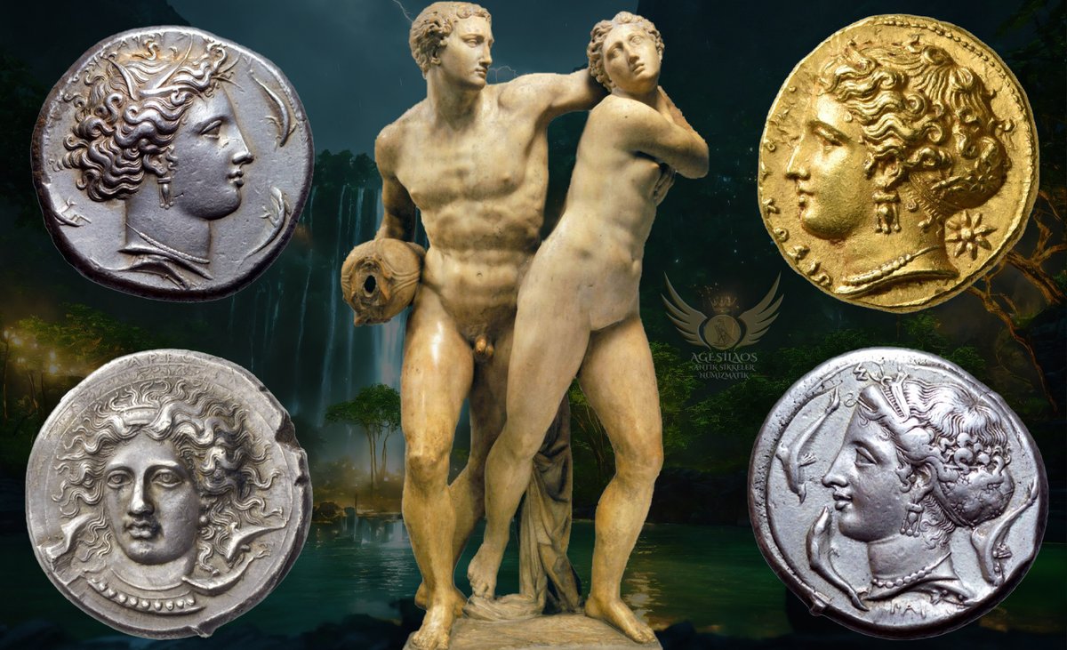 AntikSikkeler's tweet photo. #Arethusa is a famous nymph whose story is told in #Ovid’s Metamorphoses and who is the subject of the 1824 poem, #Arethusa, by Percy Bysshe Shelley. According to the myth, the river god #Alpheios fell in love with #Arethusa after she bathed in his waters. Pursued by Alpheios, Arethusa prayed to #Artemis, the virgin goddess of the hunt, to save her.
#Artemis answered #Arethusa by spiriting her off to the island of Ortygia and transforming her into a spring. Undeterred by Artemis's interference, Alpheius flowed under the sea to Ortygia, where he united with Arethusa by mingling his waters with hers in the spring.