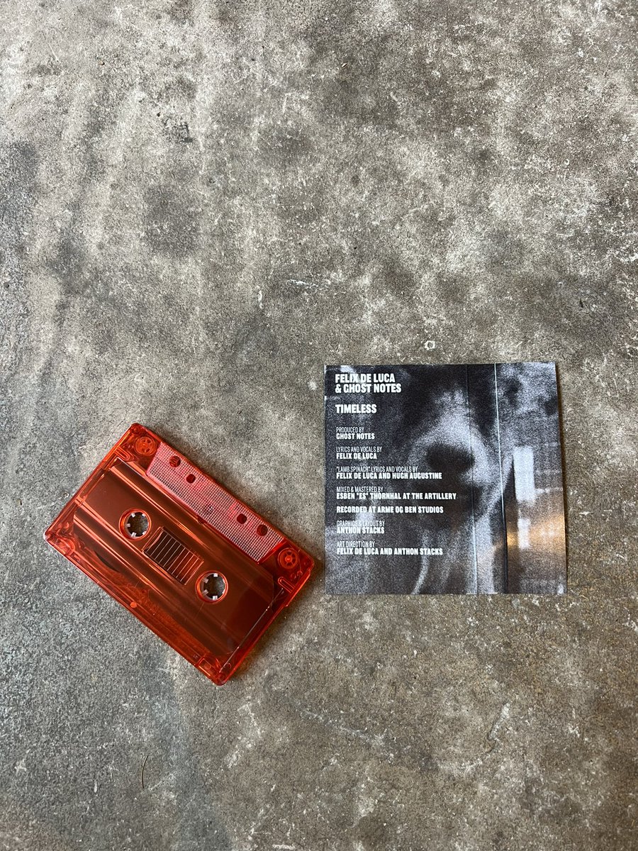 TIMELESS by Felix De Luca &amp; 
Ghost Notes 🐐🔴
Out now exclusively on cassette tape 

- Limited to 100 sealed copies
- Pressed on "naked" transparent red cassette tape
- Comes with a digital download option
- + Instrumentals 
Price:
100dkk / $15 / €15 / + shipping 📦

Hit me up!