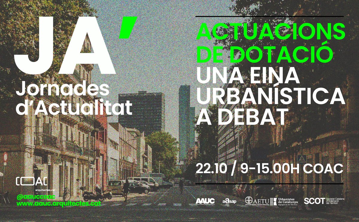 ‼️SAVE THE DATE ‼️

JORNADA: ACTUACIONS DE DOTACIÓ. UNA EINA URBANÍSTICA A DEBAT.

📍Seu del <a href="/COACatalunya/">Col·legi d’Arquitectes de Catalunya</a>
🗓️ dimarts, 22 d'octubre 
🕐 de 9 a 15 h