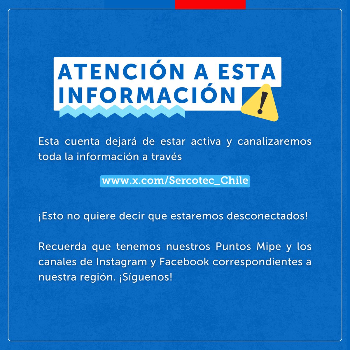 ¡Atención a esta información!⚠️ Esta cuenta dejará de estar activa y canalizaremos toda la información a través de <a href="/Sercotec_Chile/">Sercotec</a>
¡Esto no quiere decir que estaremos desconectados! 
Recuerda que tenemos nuestros Puntos Mipe y los canales de Instagram y Facebook de la región.