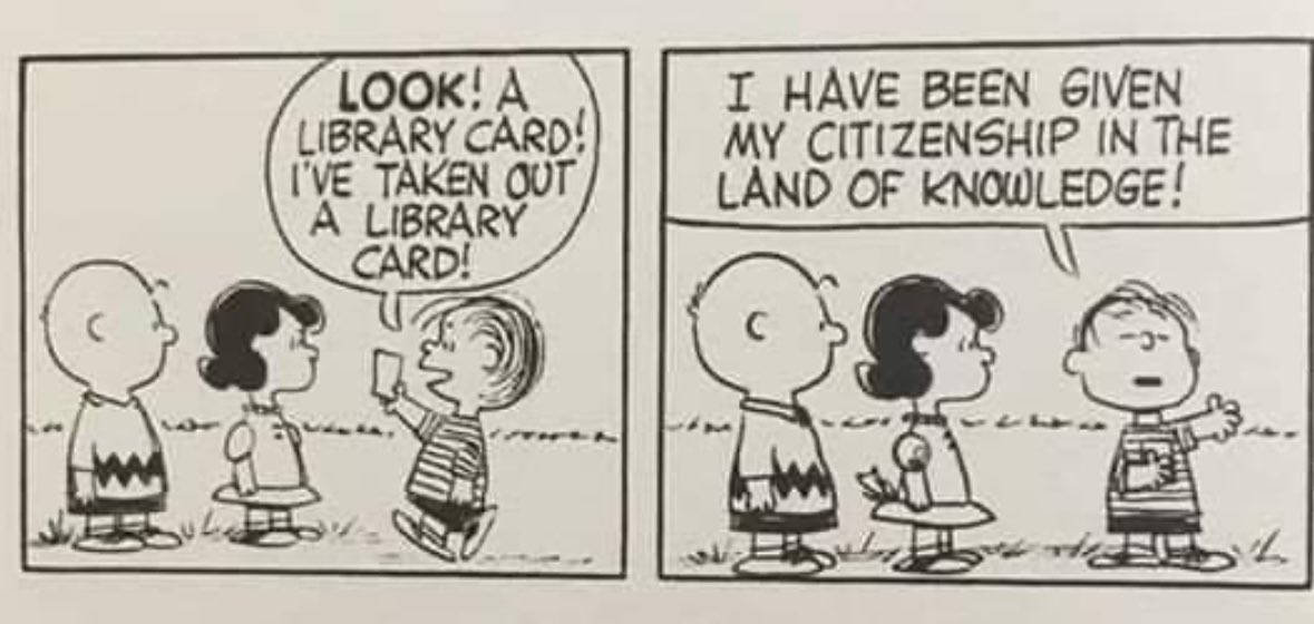 Vanha kunnon Charles Schultz tiesi, mikä on kirjastokortin arvo. ❤️
