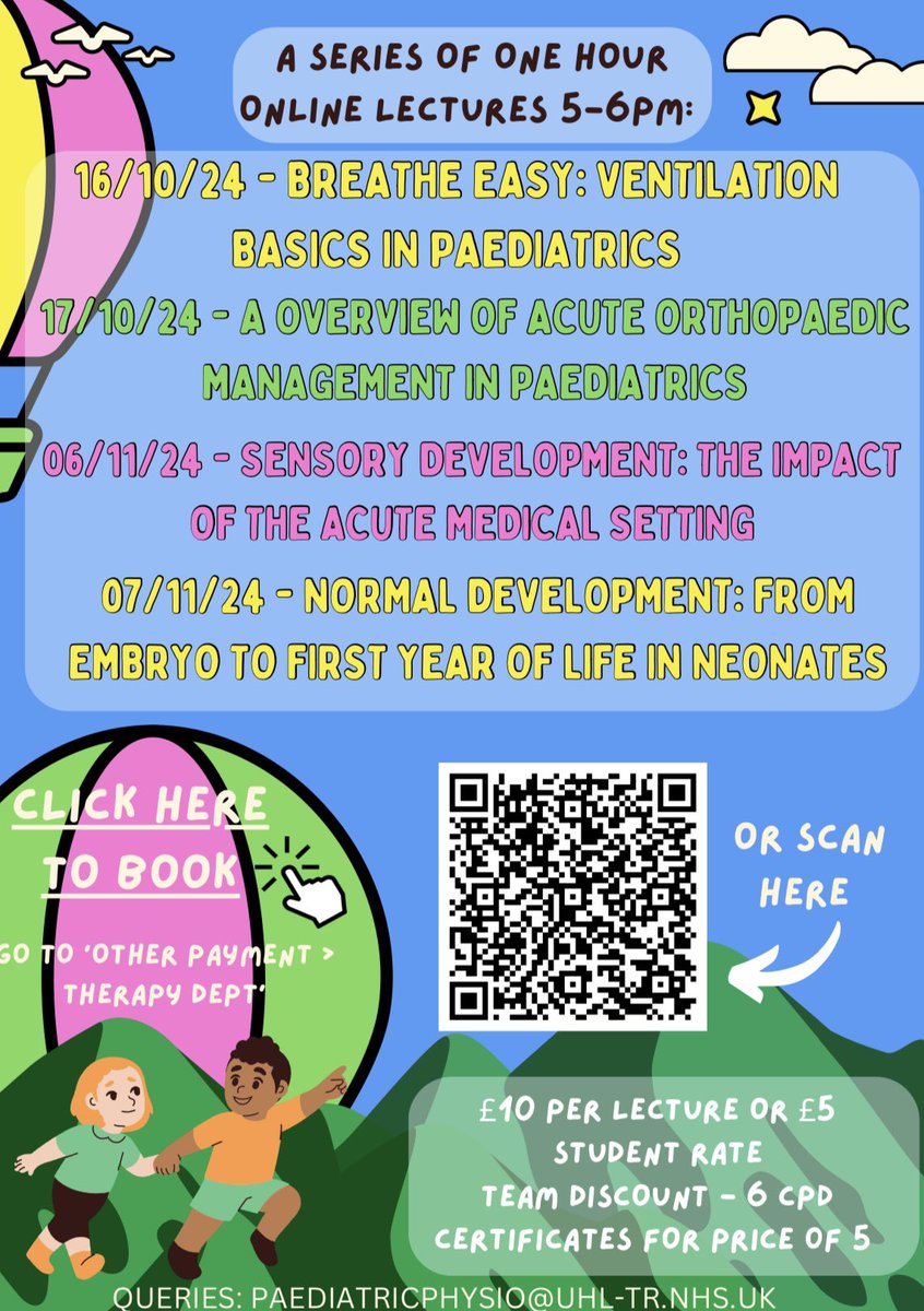 physio_rachael's tweet image. PAEDIATRIC AUTUMN LECTURE SERIES 🍁 👫

University Hospitals of Leicester are hosting a paediatric lecture series suitable for physiotherapists, occupational therapists, therapy support workers and anyone with an interest in paeds!

Use the poster to secure your place now!