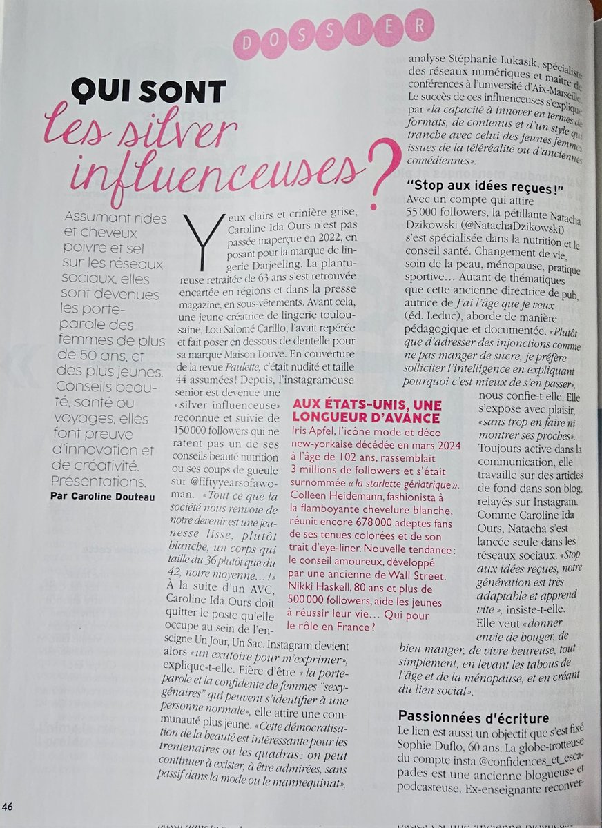 Escapadesamour's tweet photo. Dire que je ne voulais pas trop ce qualificatif d'influenceuse😁
Mais, j'avoue que je suis reconnaissante d'apparaître aux côtés de 2 grandes silver influenceuses dans cet article du magazine S de Sophie Davant 🥳🥳
#influencers #blogvoyage #Silver #plusde60ans https://t.co/rGcMn0yQ1x