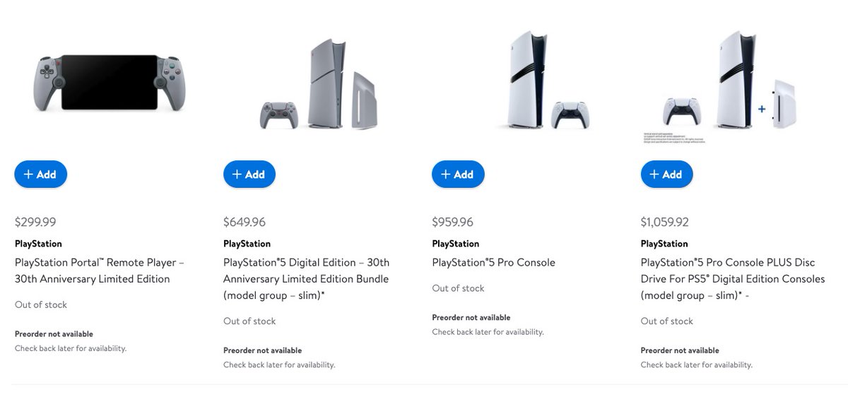 Lbabinz's tweet photo. Walmart has placeholders up for the 30th Anniversary Limited Edition PlayStation Portal and Slim Digital Console Bundle https://t.co/hMYwhJAHea #ad

Portal will be $299.96, Slim Digital Console Bundle will be $649.96

NOT LIVE YET https://t.co/0x7DfsrXZR